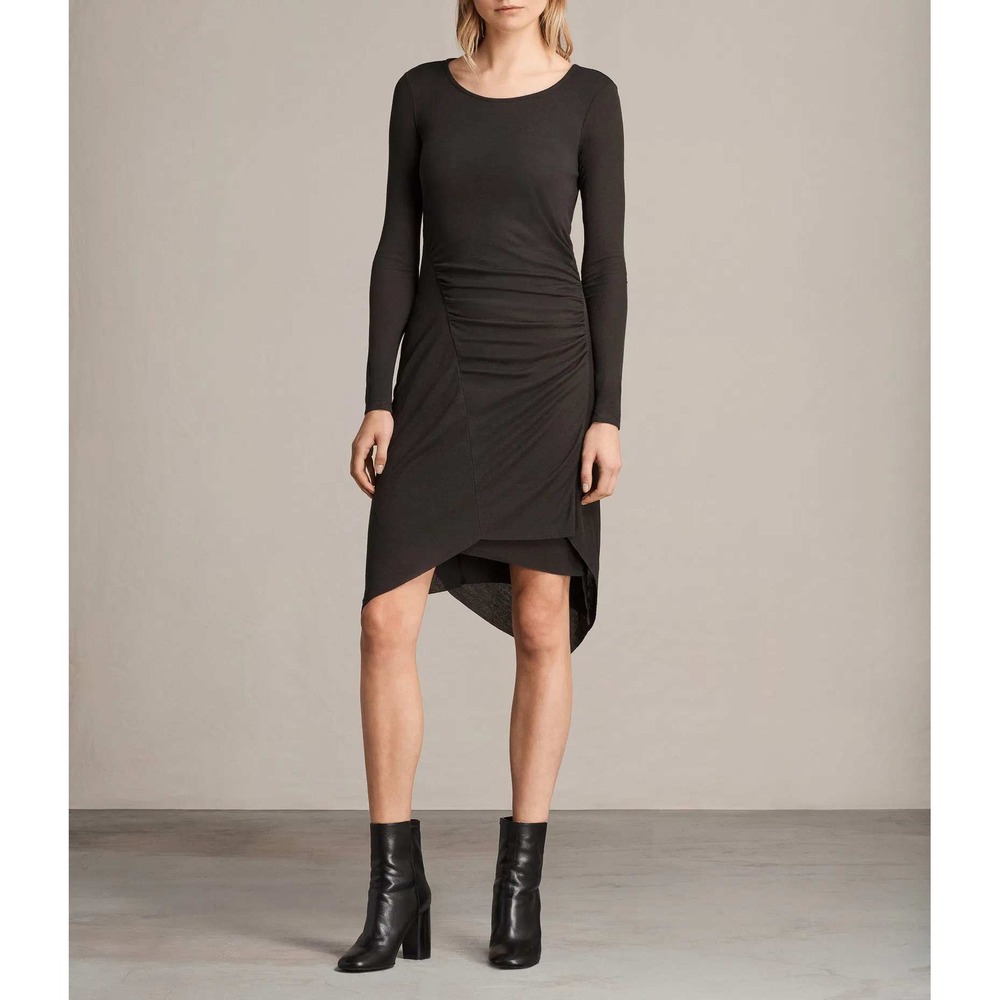 AllSaints Duna Dress Women Small Black Long Sleeve Ruched Asymmetrical Midi